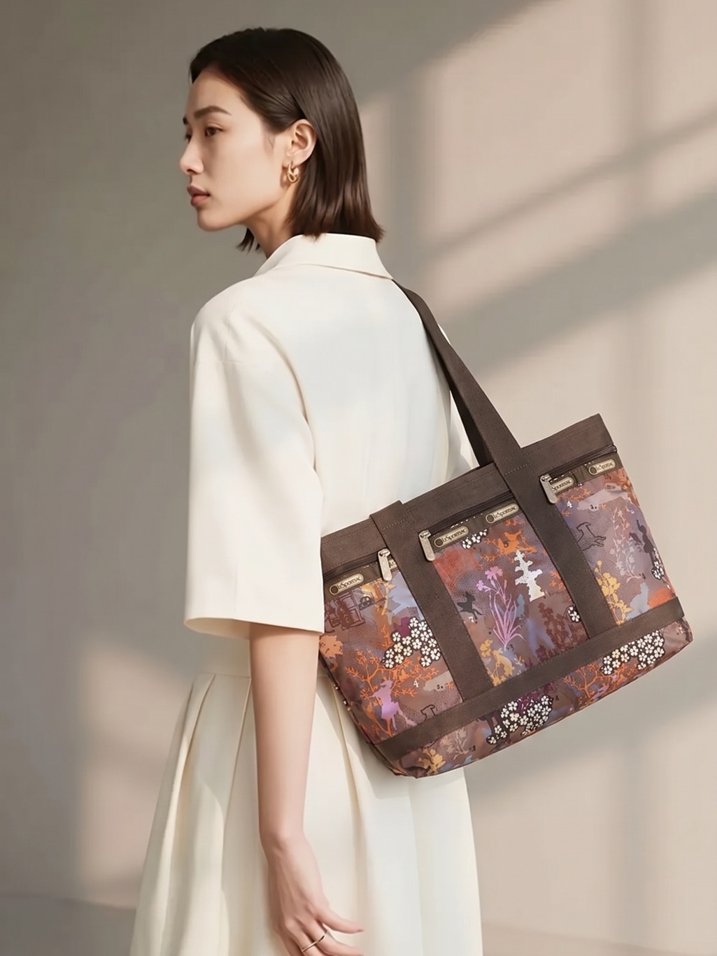 Lesportsac Brown Floral Print Canvas Tote